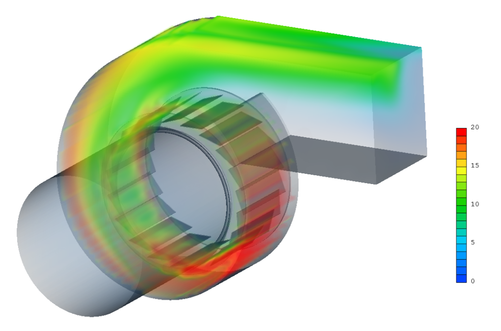 Rendu 3D des vitesses dans le ventilateur [m/s]